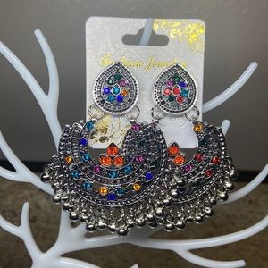 Multicolored rhinestone silver tassel earrings